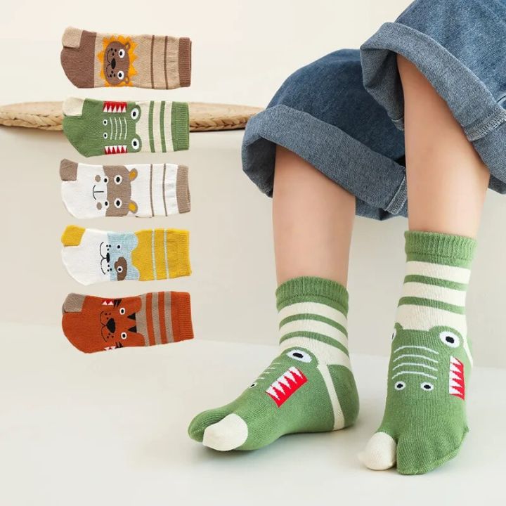 5 Pairs New Style Children Pure Cotton Two Toed Tabi Socks for Kids Student Boys Girls Crew Cartoon Animal Split Thumb Toe Socks
