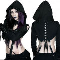 Women's Black Crop Top Short Hoodie Ladies Gothic Punk Halter Mesh Hooded Sweatshirt Coat Halloween Cosplay Tops. 