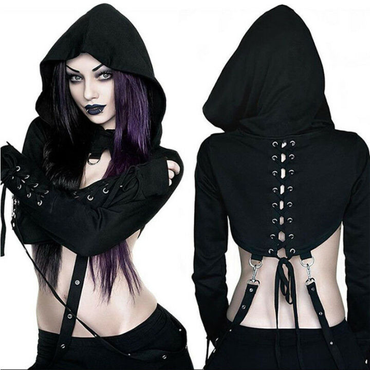 Women's Black Crop Top Short Hoodie Ladies Gothic Punk Halter Mesh Hooded Sweatshirt Coat Halloween Cosplay Tops