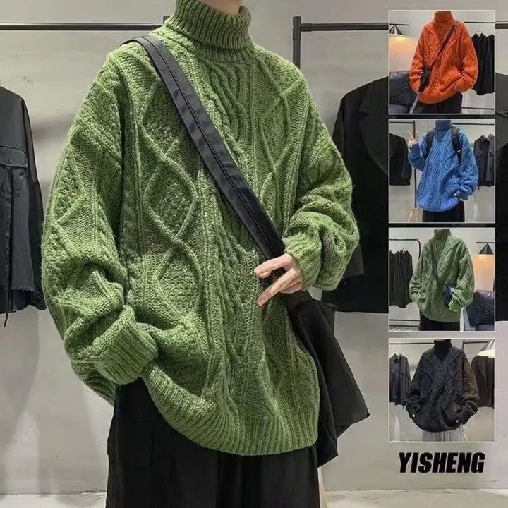 Green Sweaters Men Winter Pullover Turtleneck Sweaters Streetwear Fisherman Sweater Cable Knit Jumper Oversized Sweaters Trends