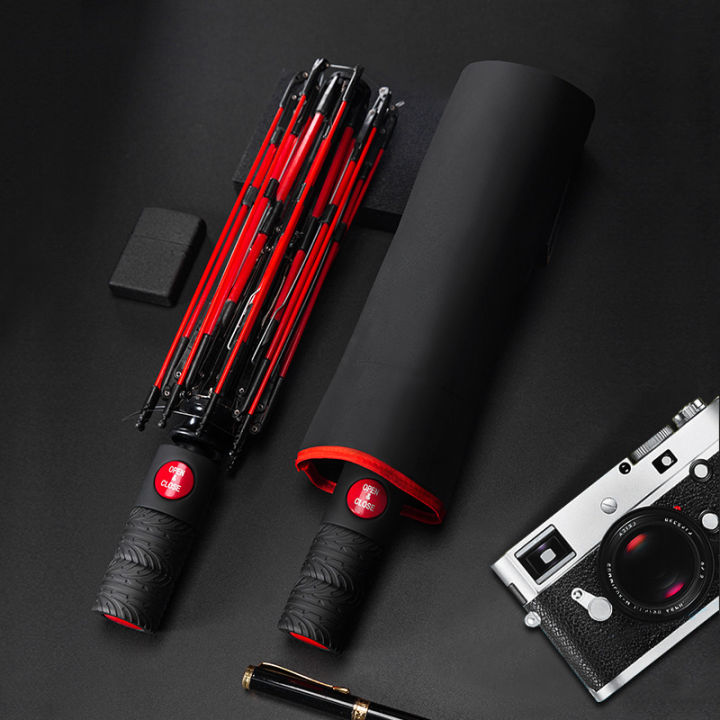 Anti-Storm Sun Self-Opening Umbrella Tri-Fold Red Fiber Automatic ...
