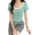 French Style Big u Collar Black and White Striped Shoulder Square Collar Short Sleeve T T-shirt Women's Summer Design Sense Niche Short Clavicle Top. 