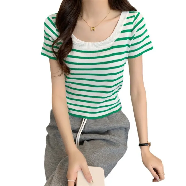 French%20Style%20Big%20u%20Collar%20Black%20and%20White%20Striped%20Shoulder%20Square%20Collar%20Short%20Sleeve%20T%20T-shirt%20Women's%20Summer%20Design%20Sense%20Niche%20Short%20Clavicle%20Top%20-%20Image%205