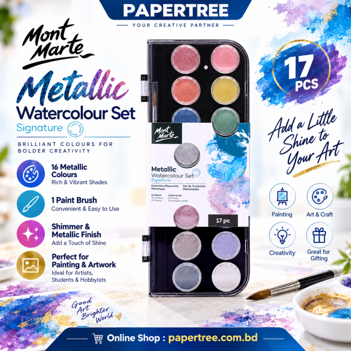 Mont Marte Metallic Watercolor Set 17 Colors 16 Metallic Shades with Paint Brush for Painting & Artwork