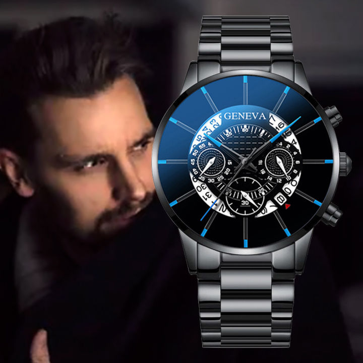 New GENEVA Watch Men's Steel Strap Watch Fashion Calendar Quartz Belt Watch Men's