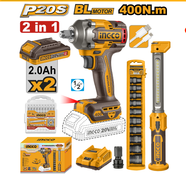 2 Pcs COMBO KIT WITH CORDLESS IMPACT WRENCH 20V + WORK LAMP COSLI23048 ...