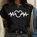 Disney Gold Micky Head Women's Casual 100% Cotton T-shirt Mickey Mouse High-Quality Print Fashion Top Cartoon.
