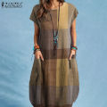 ZANZEA Women Short Sleeve Round Neck Plaid T-Shirt Dress Summer Beach Midi Dresses.