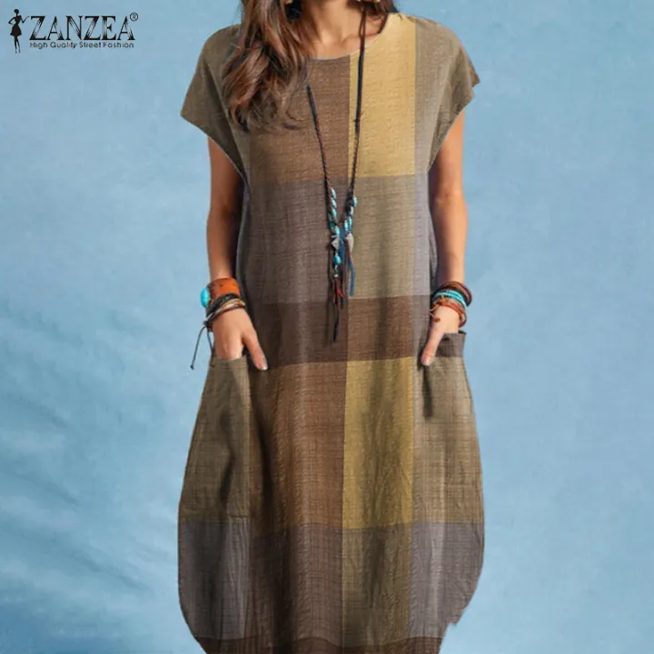 ZANZEA%20Women%20Short%20Sleeve%20Round%20Neck%20Plaid%20T-Shirt%20Dress%20Summer%20Beach%20Midi%20Dresses%20-%20Image%205