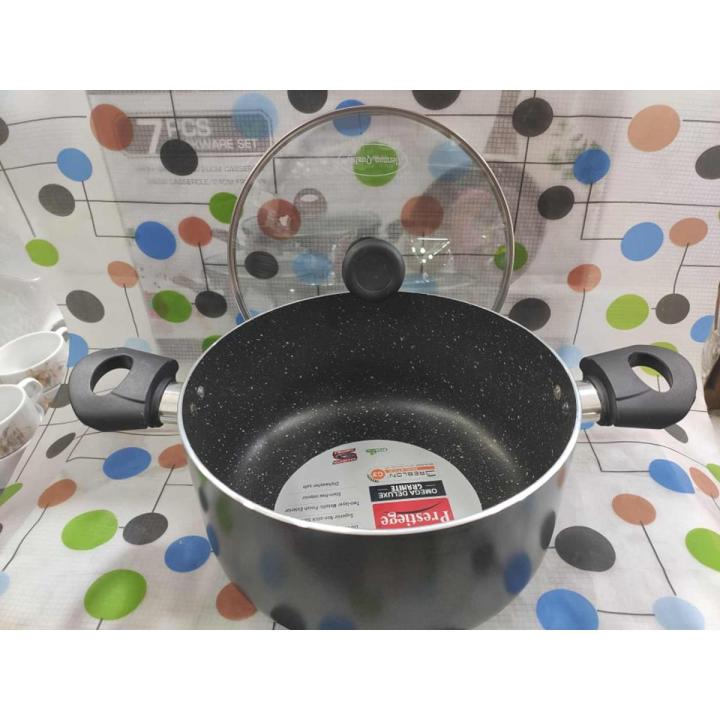 Prestiege 24cm Marble Coating Omega Deluxe Non Stick Cookware Casserole With Lid,(S)Induction Use Cookware Casserol,Asian Frist 5-layered non-stick cookware,Omega Granite is made using German technology.