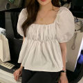 2022 Summer New Korean Style Sweet Gathers Line Square-Cut Collar Puff Sleeve Short Sleeve Shirt for Women. 
