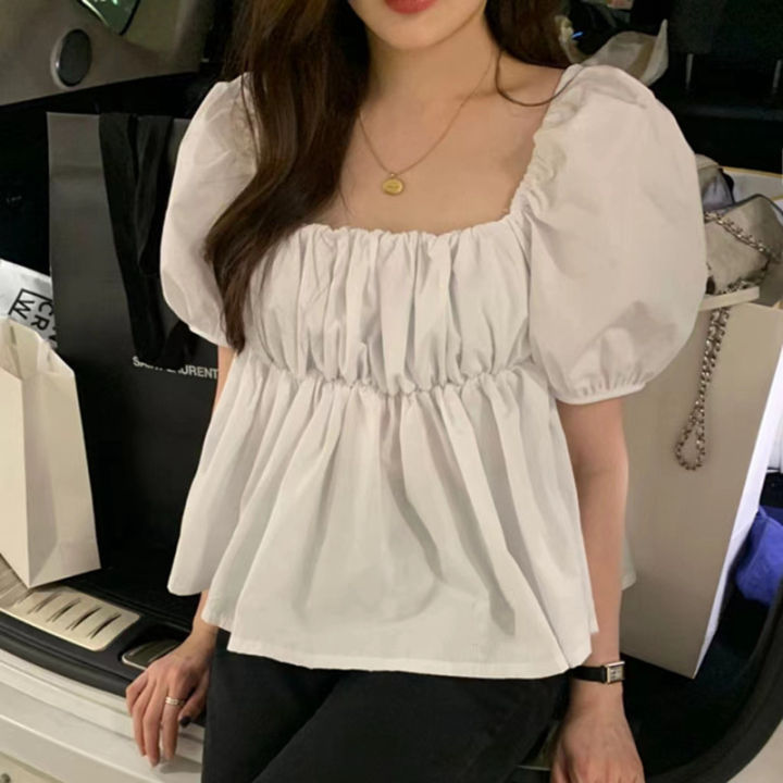 2022%20Summer%20New%20Korean%20Style%20Sweet%20Gathers%20Line%20Square-Cut%20Collar%20Puff%20Sleeve%20Short%20Sleeve%20Shirt%20for%20Women%20-%20Image%203