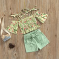 Two Piece Girl’s Clothes Set Fashion Printed Mid-sleeve T-shirt and Solid Color Short Pants with Belt. 