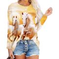 3D Digital Printing Long Sleeve Top Lady New Spring Summer Clothes O-Neck Horse Head Printed T-shirts Casual Loose Funny Tees.
