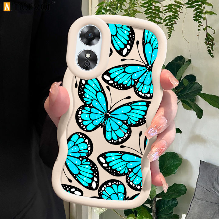 AMORVOR for OPPO A16 A16S A15 A15S A17 A17K Back Cover Sky Blue Butterfly Pattern Luxury Phone Case Macaron Wave Soft Silicone Mobile Cover