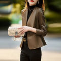 Women Leather Jacket 2024 New Spring Autumn Small Stature High-end Design Waist Closing Temperament Short V-neck Leather Jacket. 