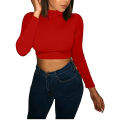 Womens Basic Top, Long Sleeve Mock Neck Solid Color Slim Fit Crop Stretchy Blouse Tee. 