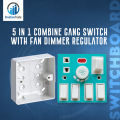 5 In 1 AC 250V 6A Combine 4 Pcs Gang Switch With Fan Dimmer Regulator + 2 Pin Socket+ LED Indicator and Fuse Multicolor Combine Wall Gang All In One- Blue Color. 
