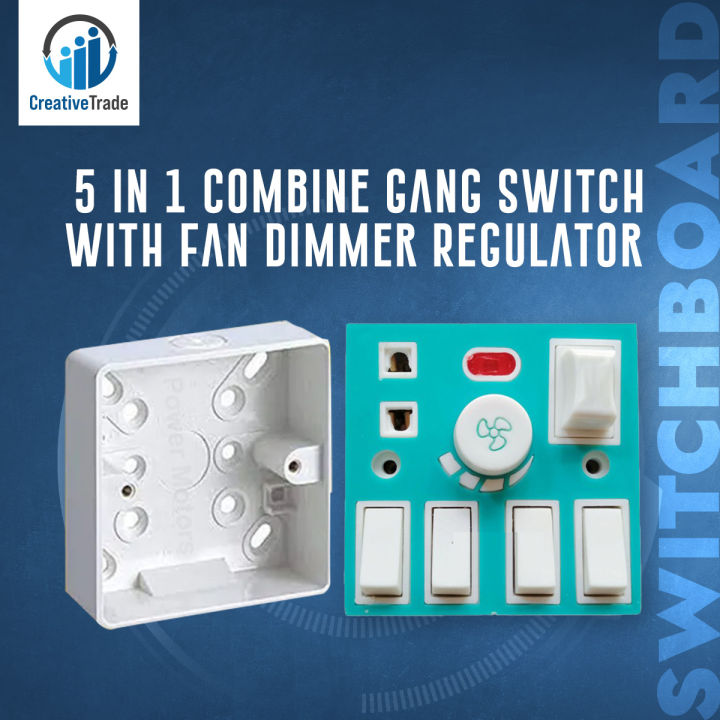 5 In 1 AC 250V 6A Combine 4 Pcs Gang Switch With Fan Dimmer Regulator + 2 Pin Socket+ LED Indicator and Fuse Multicolor Combine Wall Gang All In One- Blue Color
