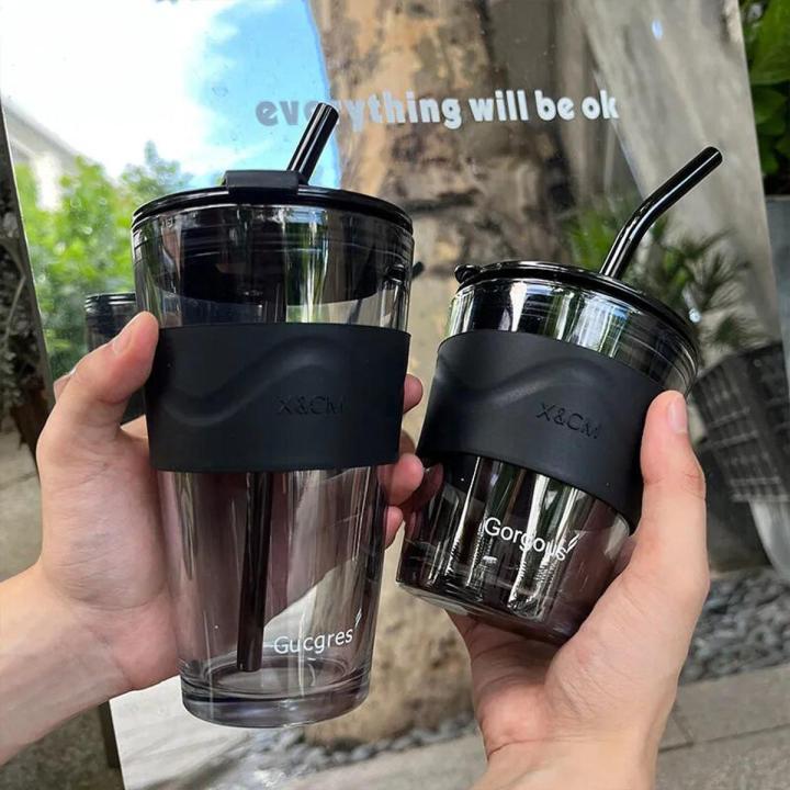 350ml 450ml Transparent Glass Cup Coffee Mug With Lid Straw Heat