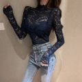 Girls Hollow Out Lace Blouses Shirts Tees FemaleTurtleneck Basic Elegant Slim Elastic Full Sleeve Black Blouses Tops For Women. 