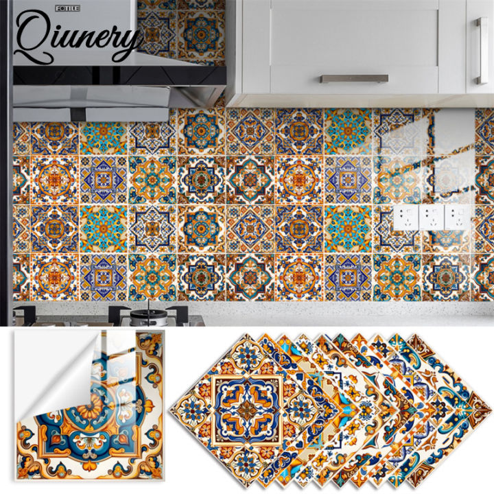Qiunery 10pcs Tile Sticker, Bathroom Kitchen Peel And Stick Backsplash Tile Decals Retro Pattern Waterproof Removable Self-Adhesive Square Wall Decals For Home Decor