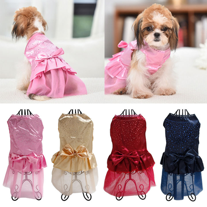 Rhinestone Dress Pet Cat Clothes Big Bows Satin Dresses For