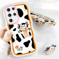(Free Holder) FELMYST Casing Case For SAMSUNG Galaxy S21 Ultra 5G Case Transparent Clear Cases Cartoon Cute Cow Soft Silicone Full Shockproof Hello Cases Back Cover Phone Casing Softcase For Girls.