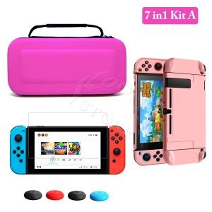 Bilashmart 【DATA FROG Global MALL】(New) 7 game accessories set for Nintendo Switch storage carrying pink screen protector film hard shell case