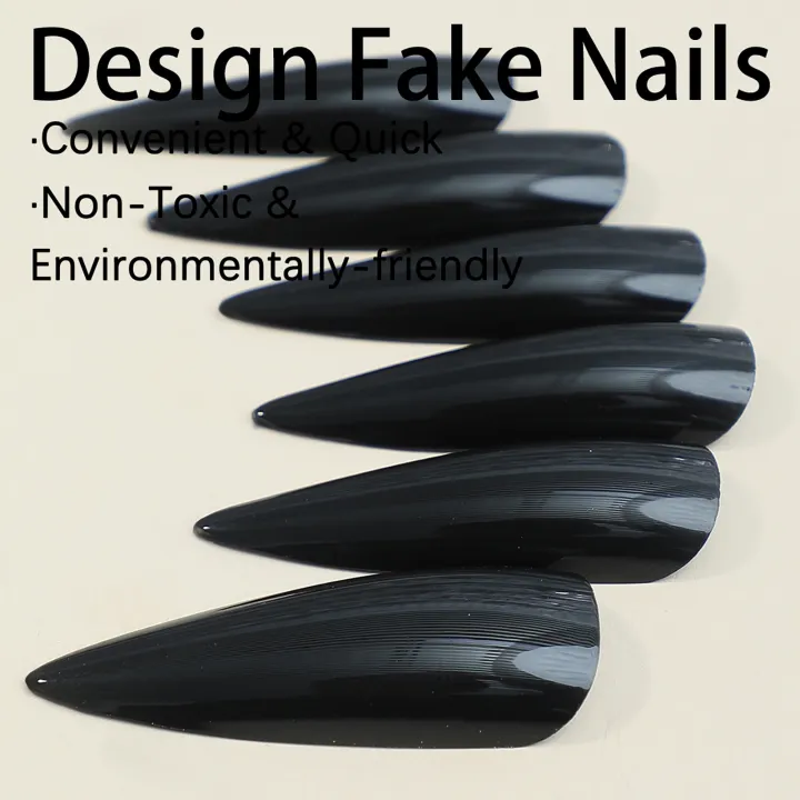 24pcs%20Glossy%20Black%20Nails%20Set%20Press%20On%20Nail%20Tips%20Solid%20Color%20Long%20Stiletto%20Removable%20Artificial%20Nails%20Decoration%20Nail%20Art%20-%20Image%202