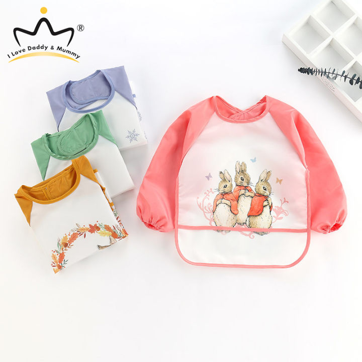 Cute Cartoon Baby Bibs Waterproof Infant Eating Bib with Pocket Children Drawing Long Sleeve Apron Kids Burp Cloth Baby Stuff