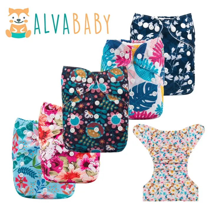 Flower ! ALVA Baby Cloth Diaper 【without insert】Printed Reusable Washable Pocket Nappy One Size Adjustable Fit 3-15kg Newborn To 3 Years Old Babies