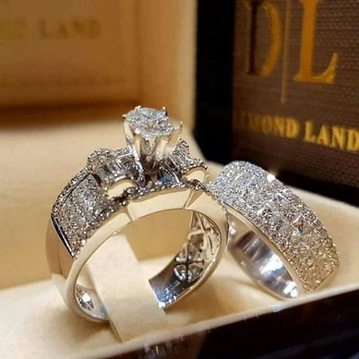 2021 New luxury fashion brilliant crown zircon ring set jewelry women eternity wedding engagement couple matching rings