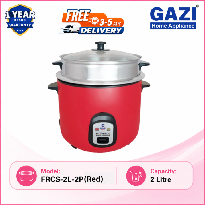 Gazi Rice Cooker 2 Ltr. FRCS-2L-2P (Red) | 700W Electric Cooker with 2 Pots (SS + Non-Stick) & Steamer