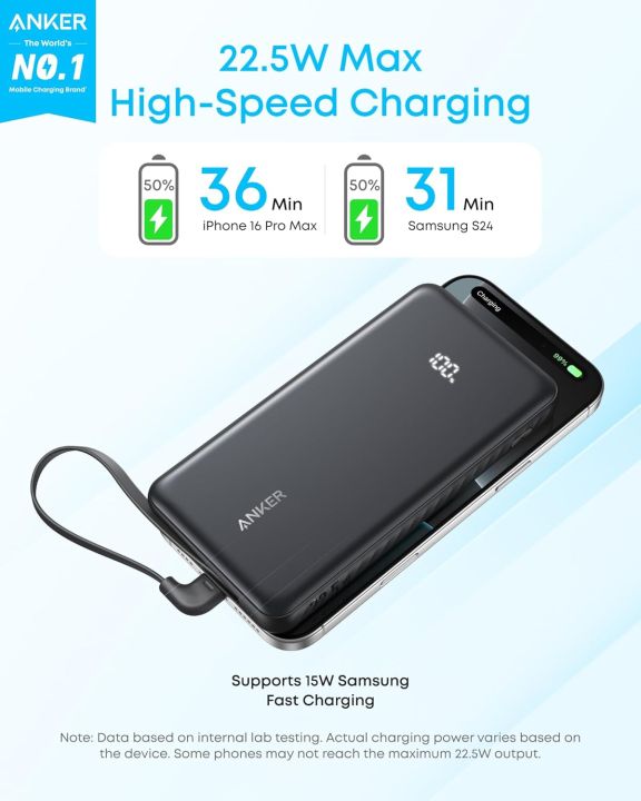 Anker Zolo 10000mAh A110D 10,000mAh 22.5W Fast Charging Power Bank with Built-in USB-C Cable for iPhone 16/17 Series, iPad, Galaxy, Pixel, and More