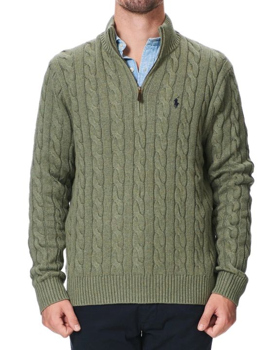 Ralph Lauren Cable-Knit Cotton Quarter-Zip Sweater โ Olive