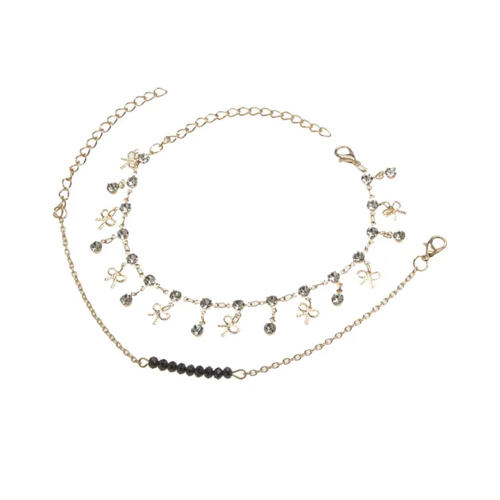 Cross-border%20hot%20selling%20foot%20ornaments%20European%20and%20American%20simple%20black%20crystal%20beads%20rhinestone%20bow%202-piece%20set%20double%20beach%20anklet%20women%20-%20Image%205