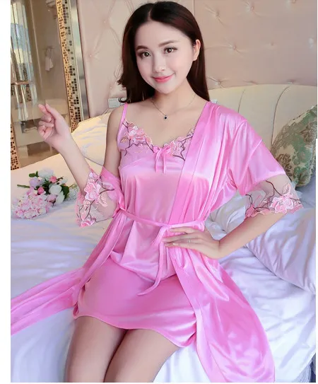 Women%20Night%20Dress%20Gift%20Your%20Wife%20Honeymoon%202%20Pcs%20Short-Sleeved%20Sexy%20Lace%20Strap%20Night%20Skirt%20Silk%20Silk%20Home%20Service%20Suit%20Pajama%20-%20Image%202