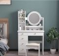 Vanity Desk with Round Shape Mirror, Makeup Vanity  DressingTable Set 5 Storage Drawers with Stool and Divided Organizers, Dressing Table for Women Girls, Glossy White 50/36. 