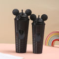 New cross-border cartoon Mickey durian cup large capacity plastic straw cup net red double layer diamond milk tea cup wholesale. 
