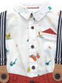 Baby Boy Dress Set: White Printed Full Sleeve Shirt and Brown Pant with Dungarees. 