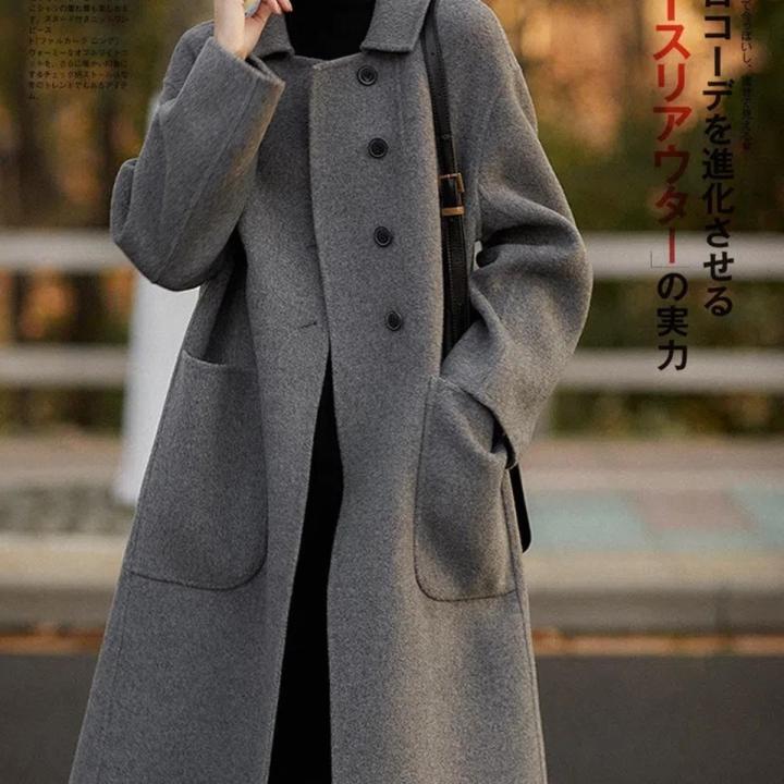 Yfashion Women Pea Coat Fashion Solid Color Long Sleeves Mid length Wool Coat With Pockets Winter Loose Casual Jacket color Daraz .bd