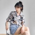 90 Short Sleeve Japanese Style Anime Print Shirt Women Couple Loose-Fitting Versatile Outerwear Women's Shirt Thin Blouse. 
