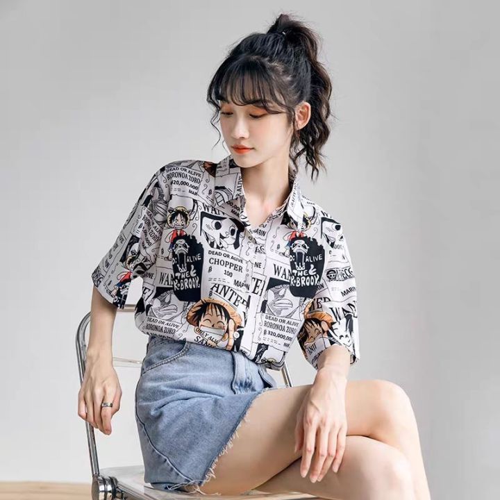 90%20Short%20Sleeve%20Japanese%20Style%20Anime%20Print%20Shirt%20Women%20Couple%20Loose-Fitting%20Versatile%20Outerwear%20Women's%20Shirt%20Thin%20Blouse%20-%20Image%203