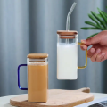 Square Mug with Lids and Straws, Colored Handle, Drinking Glass Cups, Soda Iced Coffee Milk Bubble Tea Water. 