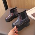 Children Chelsea Boots Paillette Sparkly Three Colors Chunky Girl's Autumn Boot Short Zipper Ankle-high 21-30 Trendy Kids Shoes.