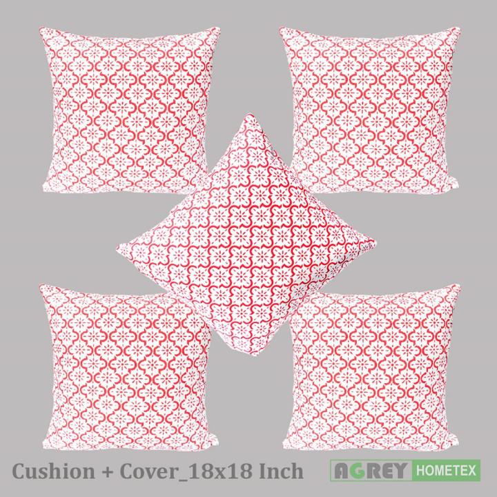 Fiber Cushion with Cover, White & Red, (18"x18"), Set of 5