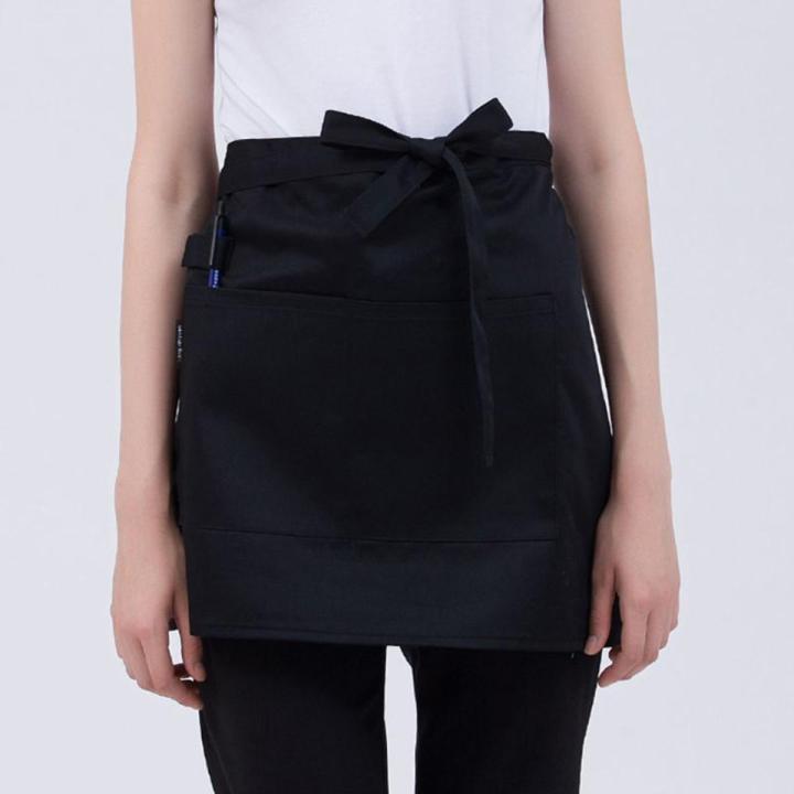 Women Kitchen Restaurant Waist Apron Solid Color Half Short Apron Adjusted With Pockets Pen Loops for Server Waiter Waitress