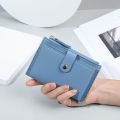 Women PU leather short pocket buckle zipper wallet Korean mini plain color flap trend purse multi-card high capacity card holder. 