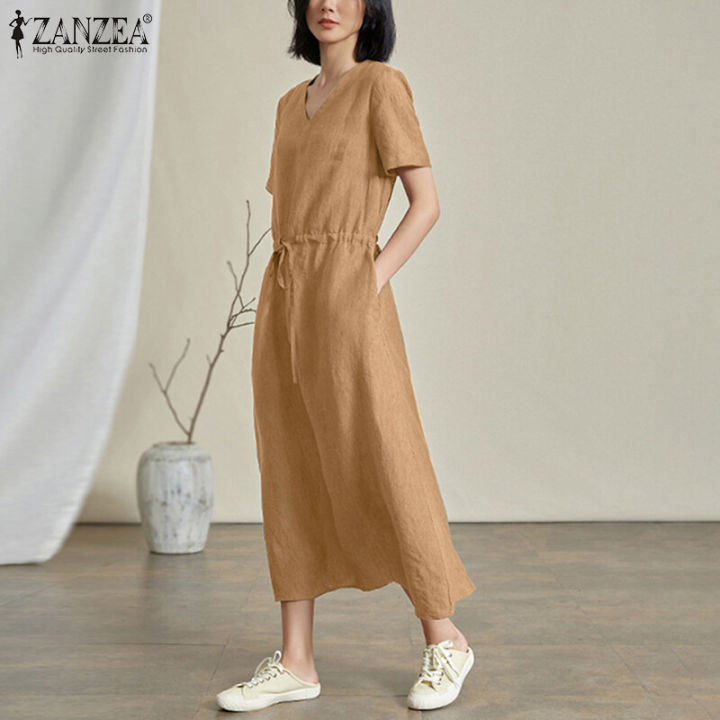 ZANZEA%20Korean%20Style%20Women%20Casual%20Short%20Sleeve%20Maxi%20Dress%20V%20Neck%20Drawstring%20Waist%20Side%20Pockets%20Dresses%20#8%20-%20Image%204